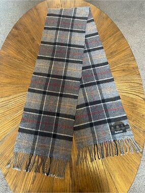 Barbour Grey Plaid Merino Wool Cashmere Blend Scarf with Red & Yellow Accents